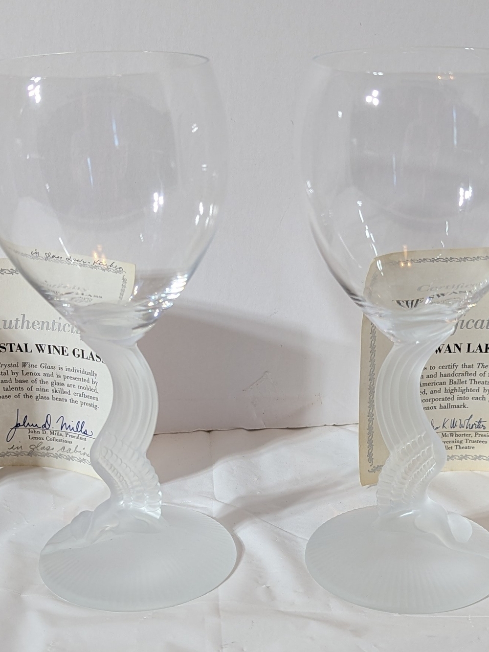 Swan Lake Crystal Wine Glasses W/Frosted Steam & Certificate of Authenticity